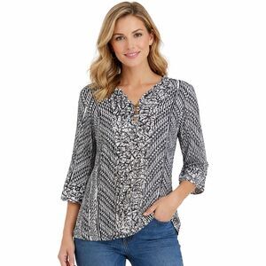 Soft Surroundings Tunic Blouse Womens Medium Black Animal Henley 3/4 Sleeve